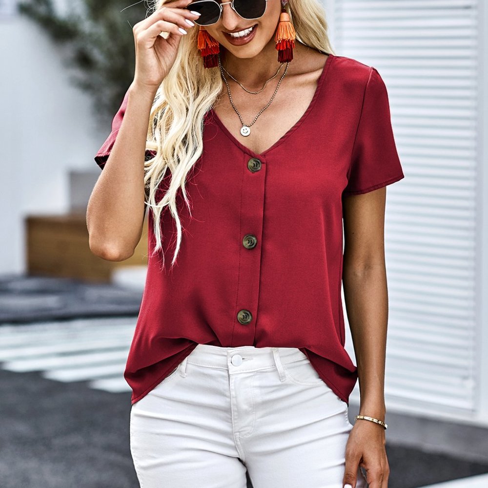 2 Pack Fiery Red Button Detail Short Sleeve V Neck Blouse